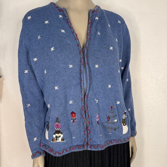 Vintage Snowman Knit Cardigan 1X Blue Winter Sweater with Matching Scarf Novelty - Picture 3 of 8